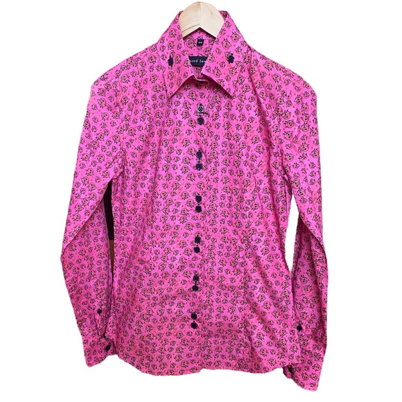 NWT Jared Lang Pink Devil Print Fitted Button Down Top Shirt S - Picture 4 of 10